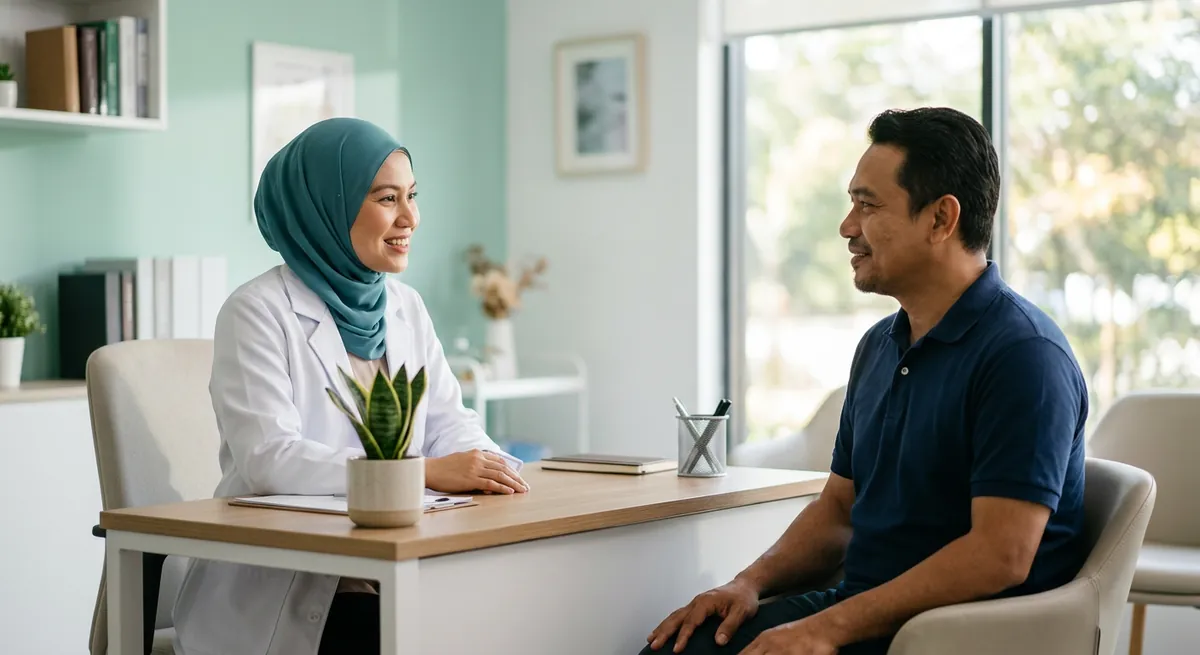 Doktor wanita berbual mesra dengan pesakit di ruang konsultasi