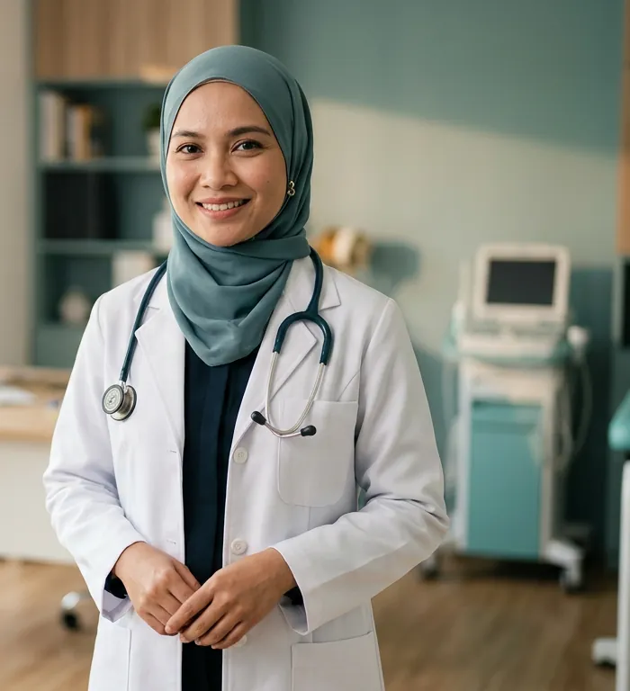 Doktor wanita tersenyum ramah di klinik moden yang cerah