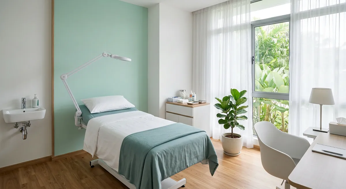 Ruang menunggu klinik yang cerah dengan kerusi selesa dan pokok hiasan